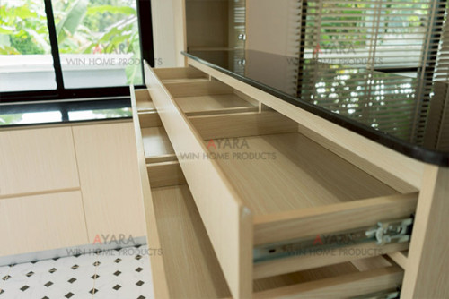 ชุดครัว Built-in โครงซีเมนต์บอร์ด หน้าบาน Melamine สี Ash ลายไม้ 5