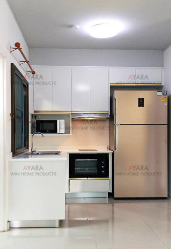 ชุดครัว Built-in ตู้ล่าง โครงซีเมนต์บอร์ด หน้าบาน Melamine สีขาวเงา - ม.พฤกษา ไพร์ม 1