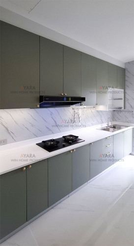 ชุดครัว Built-in ตู้ล่าง โครงซีเมนต์บอร์ด หน้าบาน HMR สีเขียวด้าน - ม.ศุภาลัย ปาล์มสปริงค์
