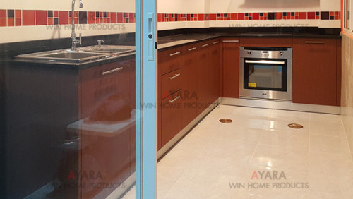 ชุดครัว Built-in ตู้ล่าง โครงซีเมนต์บอร์ด หน้าบาน Laminate สี Cherry Woodcut ลายไม้แนวตั้ง