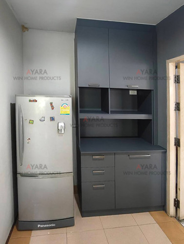 ชุด Pantry Built-in โครงปาติเกิล หน้าบาน Melamine สีเทาด้าน