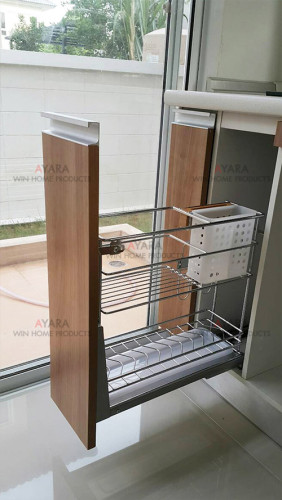 ชุดครัว Built-in ตู้ล่าง โครงซีเมนต์บอร์ด หน้าบาน Melamine สี Capu + PVC สีขาวเงา 6