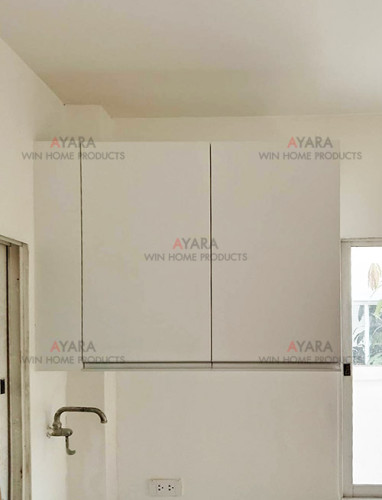 ชุดครัว Built-in โครงซีเมนต์บอร์ด หน้าบาน Melamine สีเมเปิล + ขาวด้าน 3