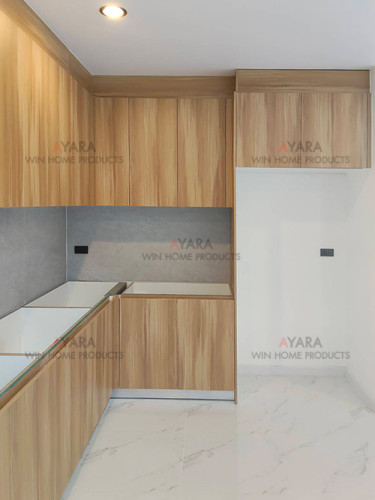 ชุดครัว Built-in โครงซีเมนต์บอร์ด หน้าบาน Laminate สีลายไม้ - ม.Patio 1