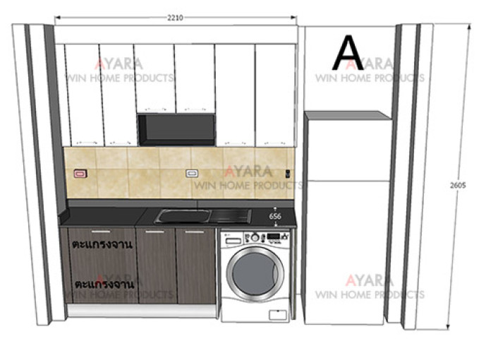 ชุดครัว Built-in ตู้ล่าง โครงซีเมนต์บอร์ด หน้าบาน Laminate สี Bleached Legno + Acrylic สีขาวนวล 2