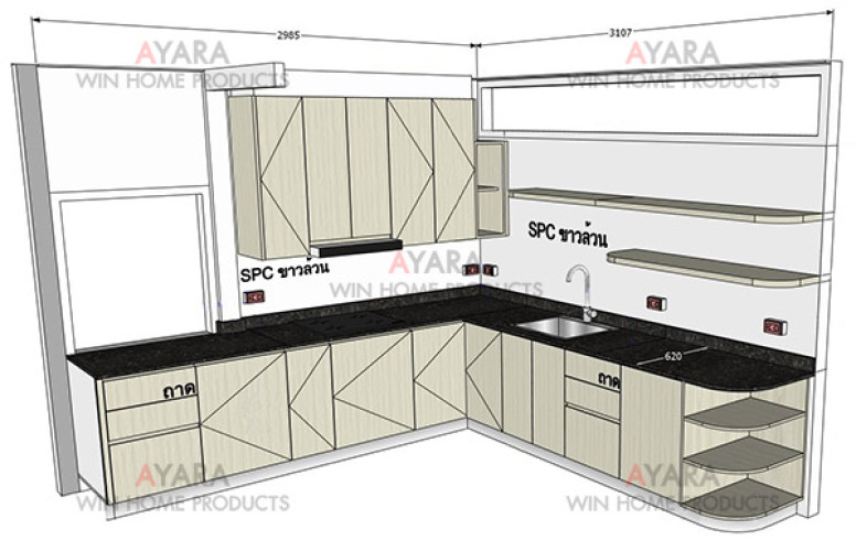 ชุดครัว Built-in โครงซีเมนต์บอร์ด หน้าบาน Melamine 5028-17 สีลายไม้ 4