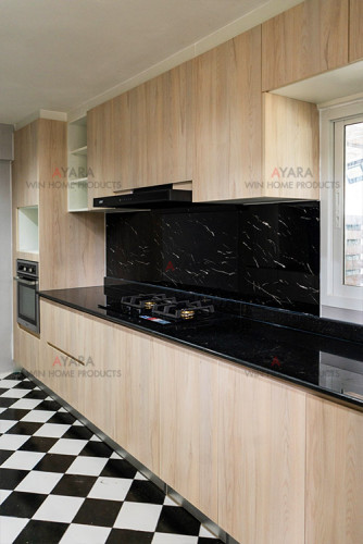 ชุดครัว Built-in โครงซีเมนต์บอร์ด หน้าบาน Laminate สีลายไม้ 6