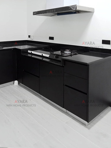 ชุดครัว Built-in โครงซีเมนต์บอร์ด หน้าบาน Melamine สีเทาเข้ม 2