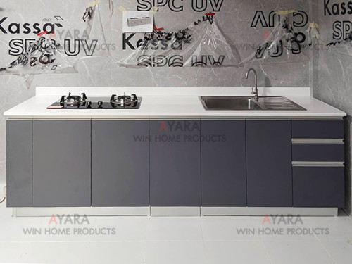ชุดครัว Built-in โครงซีเมนต์บอร์ด หน้าบาน Melamine สีเทาด้าน