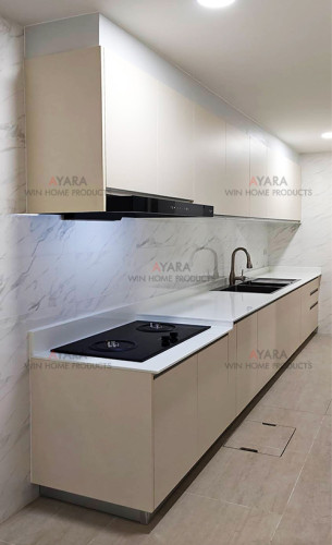 ชุดครัว Built-in โครงซีเมนต์บอร์ด หน้าบาน Melamine สีครีม ผิวส้ม - ม.Grande Pleno