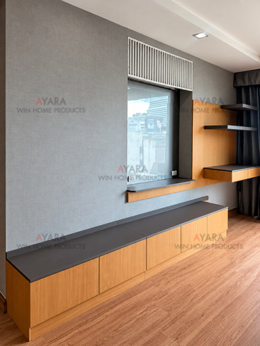 ตู้ TV Built-in โครง HMR กันชื้น เคลือบ Melamine สี TNK 5008-22 ลายไม้ + น้ำตาลเข้ม