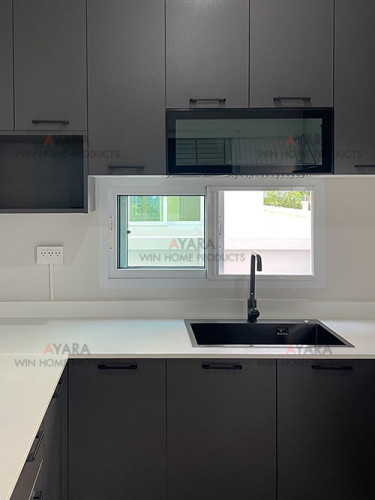 ชุดครัว Built-in โครงซีเมนต์บอร์ด หน้าบาน Melamine สีเทาผิวส้ม 2