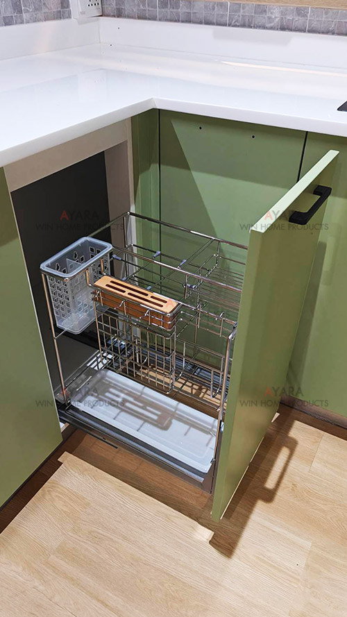 ชุดครัว Built-in โครงซีเมนต์บอร์ด หน้าบาน Hi Gloss สีเขียวด้าน + Laminate สี Coffee Oak 6