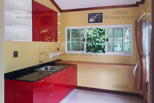 ชุดครัว Built-in ตู้ล่าง โครงซีเมนต์บอร์ด หน้าบาน Acrylic สีแดงเรียบ