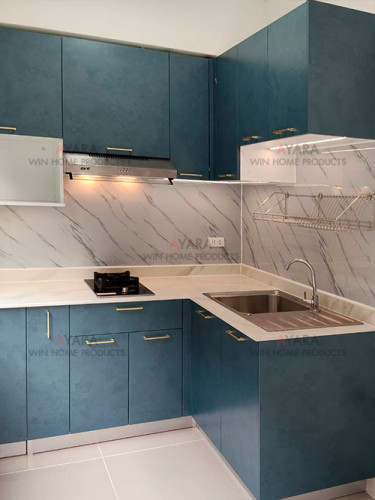 ชุดครัว Built-in โครงซีเมนต์บอร์ด หน้าบาน Melamine สีน้ำเงินด้าน - ม.Pleno Town 2