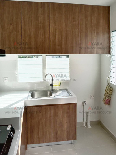 ชุดครัว Built-in โครงซีเมนต์บอร์ด หน้าบาน Laminate สี Spice Maple - ม.ชัยพฤกษ์ 2