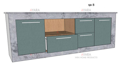 ชุดครัว Built-in โครงซีเมนต์บอร์ด หน้าบาน Melamine สีฟ้า 6