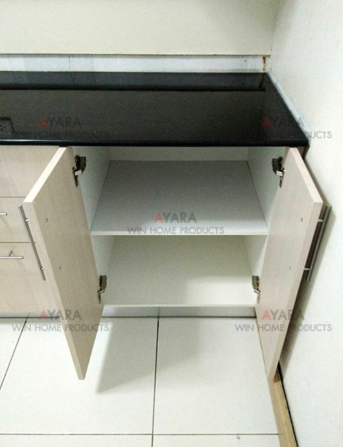 ชุดครัว Built-in ตู้ล่าง โครงซีเมนต์บอร์ด หน้าบาน Melamine สี Rijeka Oak ลายไม้ 3