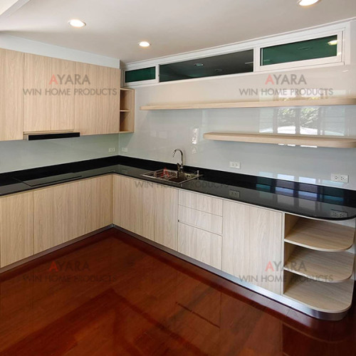 ชุดครัว Built-in โครงซีเมนต์บอร์ด หน้าบาน Melamine 5028-17 สีลายไม้ 1