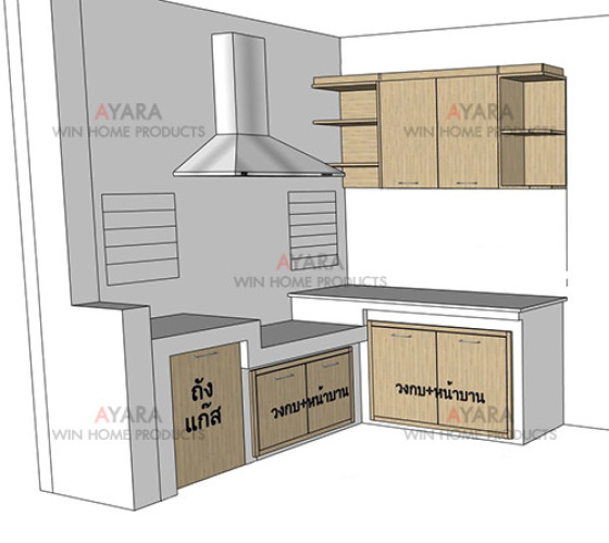 ชุดครัว Built-in โครงซีเมนต์บอร์ด หน้าบาน Melamine สีลายไม้ - ม.มัณฑนา 4