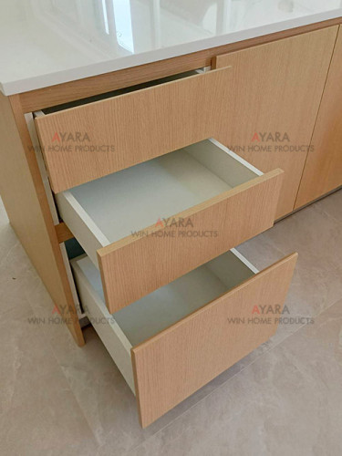 ชุดครัว Built-in โครงซีเมนต์บอร์ด หน้าบาน Melamine สี Brown Oak ลายไม้ 4