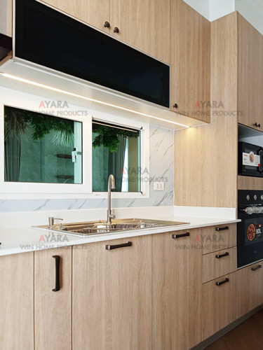 ชุดครัว Built-in โครงซีเมนต์บอร์ด หน้าบาน Melamine 5061-11 สีลายก้างปลา 1