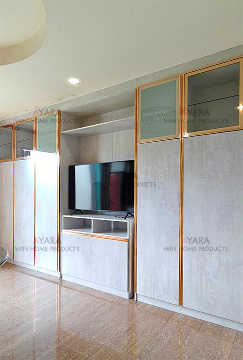 ตู้ TV Built-in โครง HMR กันชื้น เคลือบ Melamine สี 2015-20 ผิวเรียบด้าน 1