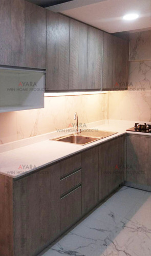 ชุดครัว Built-in ตู้ล่าง โครงซีเมนต์บอร์ด หน้าบาน Laminate สี Concrete Formwood ลายไม้ 1