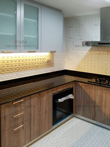 ชุดครัว Built-in โครงซีเมนต์บอร์ด หน้าบาน Laminate สี Kitami Ruster + Melamine สีเทา 1