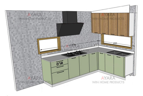 ชุดครัว Built-in โครงซีเมนต์บอร์ด หน้าบาน Hi Gloss สีเขียวด้าน + Laminate สี Coffee Oak 7