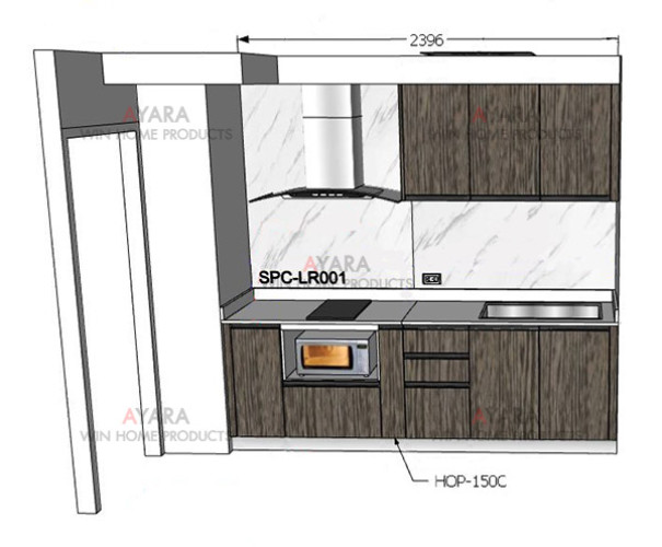ชุดครัว Built-in โครงซีเมนต์บอร์ด หน้าบาน Melamine สี Textural Siamea ลายไม้ 6