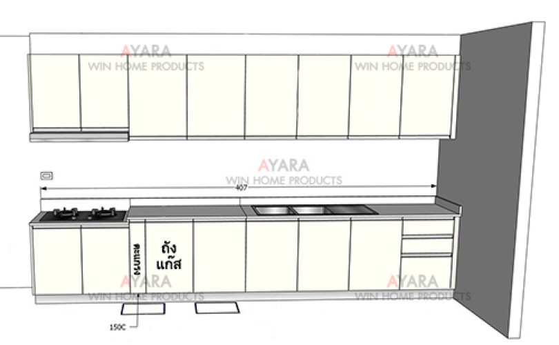 ชุดครัว Built-in โครงซีเมนต์บอร์ด หน้าบาน Melamine สีครีม ผิวส้ม - ม.Grande Pleno 5