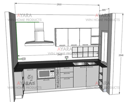 ชุดครัว Built-in ตู้ล่าง โครงซีเมนต์บอร์ด หน้าบาน Melamine สีดำ + ขาว