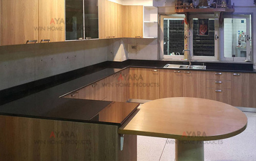 ชุดครัว Built-in ตู้ล่าง โครงซีเมนต์บอร์ด หน้าบาน Laminate สี Millennium Oak ลายไม้แนวตั้ง 1