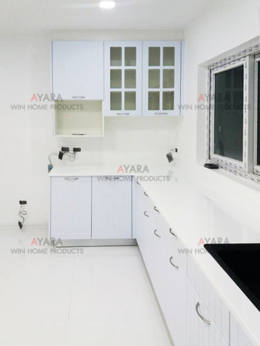 ชุดครัว Built-in ตู้ล่าง โครงซีเมนต์บอร์ด หน้าบาน PVC สีขาวด้าน เซาะร่อง Valencia 2
