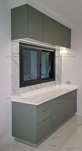ชุดครัว Built-in ตู้ล่าง โครงซีเมนต์บอร์ด หน้าบาน HMR พ่นสีเขียวด้าน - ม.ศุภาลัย ปาล์มสปริงค์ 6