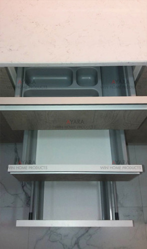 ชุดครัว Built-in ตู้ล่าง โครงซีเมนต์บอร์ด หน้าบาน Laminate สี Concrete Formwood ลายไม้ 4