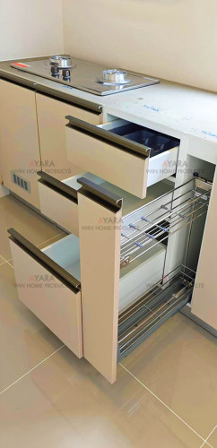 ชุดครัว Built-in โครงซีเมนต์บอร์ด หน้าบาน Laminate สีน้ำตาล - ม.อณาสิริ 2