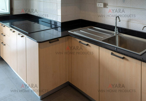 ชุดครัว Built-in โครงซีเมนต์บอร์ด หน้าบาน Melamine สี Maple