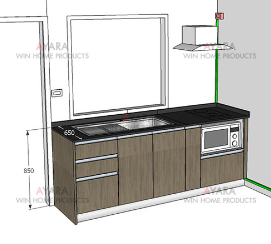 ชุดครัว Built-in ตู้ล่าง โครงซีเมนต์บอร์ด หน้าบาน Laminate สี Rural Oak - ม.Pruksa Ville 5