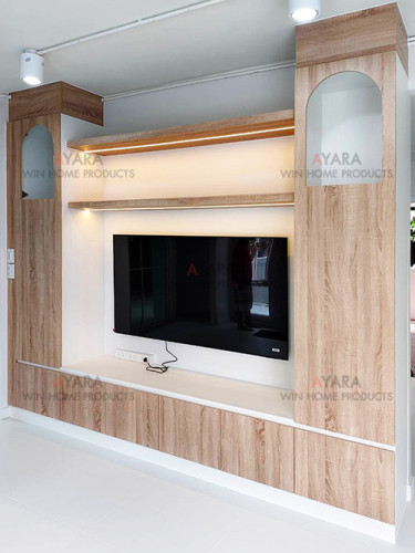 ตู้ TV Built-in โครงปาติเกิล กันชื้น เคลือบ Melamine สีลายไม้ขาว
