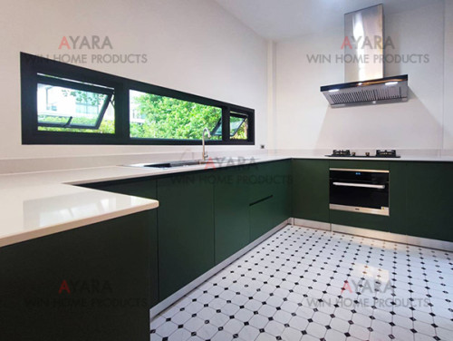 ชุดครัว Built-in ตู้ล่าง โครงซีเมนต์บอร์ด หน้าบาน HMR พ่นสีเขียวด้าน
