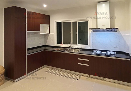 ชุดครัว Built-in ตู้ล่าง โครงซีเมนต์บอร์ด หน้าบาน Melamine สี Walnut - ม.ศุภาลัย ไพรด์