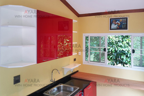 ชุดครัว Built-in ตู้ล่าง โครงซีเมนต์บอร์ด หน้าบาน Acrylic สีแดงเรียบ 7