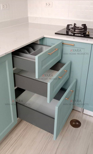 ชุดครัว Built-in โครงซีเมนต์บอร์ด หน้าบาน PVC สีเขียว เซาะร่อง 6