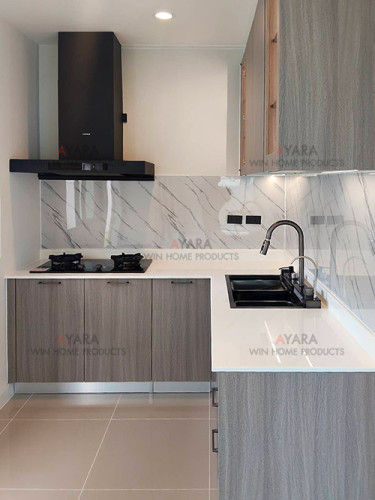 ชุดครัว Built-in โครงซีเมนต์บอร์ด หน้าบาน Laminate สี Grey Oak