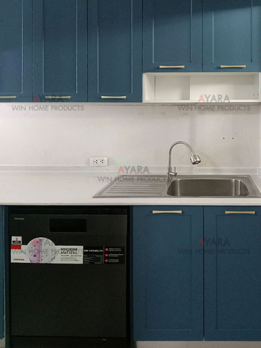 ชุดครัว Built-in โครงซีเมนต์บอร์ด หน้าบาน PVC สีฟ้าเข้ม เซาะร่อง - ม.ศุภาลัย วิลล์ 2
