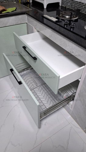ชุดครัว Built-in โครงซีเมนต์บอร์ด หน้าบาน Hi Gloss สีเขียวอ่อนเงา 4