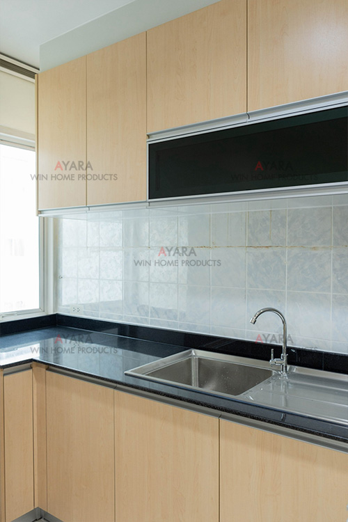 ชุดครัว Built-in โครงซีเมนต์บอร์ด หน้าบาน Melamine สี Maple 3