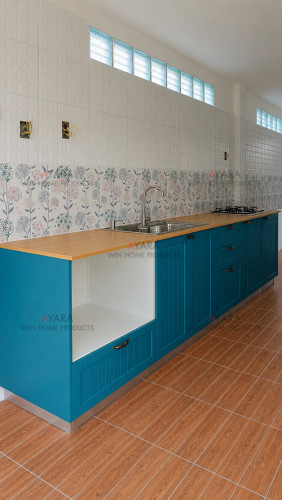 ชุดครัว Built-in โครงซีเมนต์บอร์ด หน้าบาน PVC สีฟ้าพาสเทล 